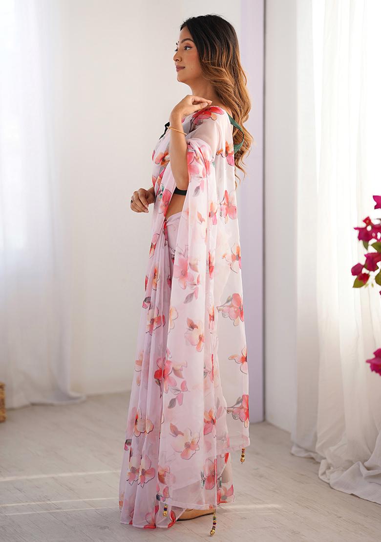 Off White Printed Organza Saree Set