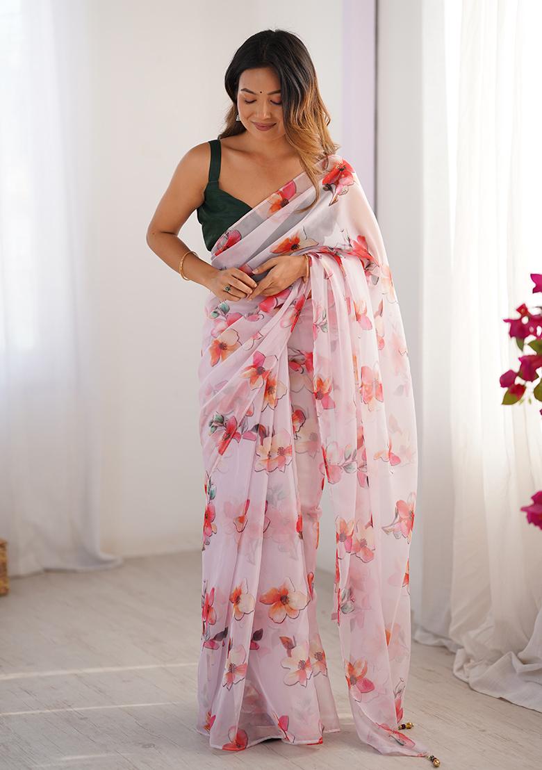 Off White Printed Organza Saree Set