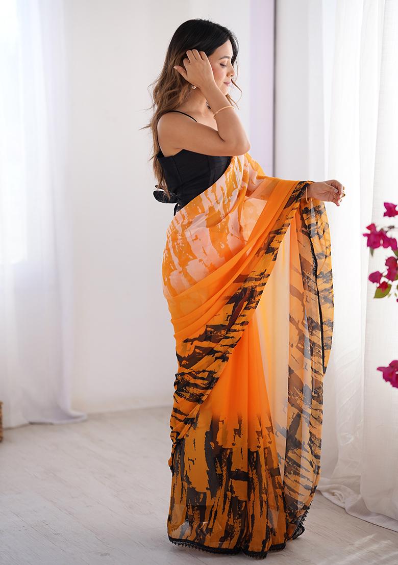 Orange Printed Georgette Saree Set