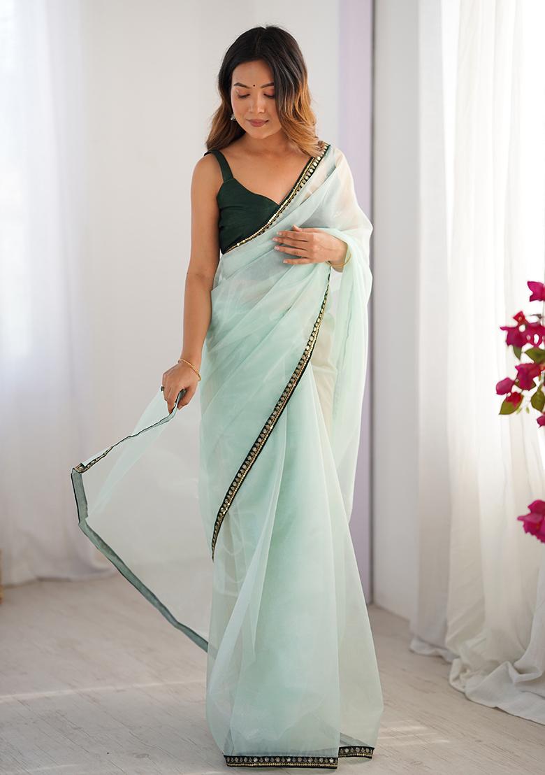 Sea Green Embroidered Net Saree Set