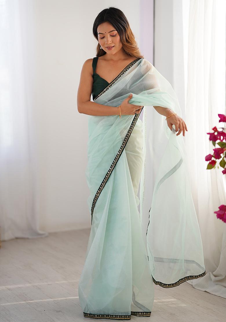 Sea Green Embroidered Net Saree Set