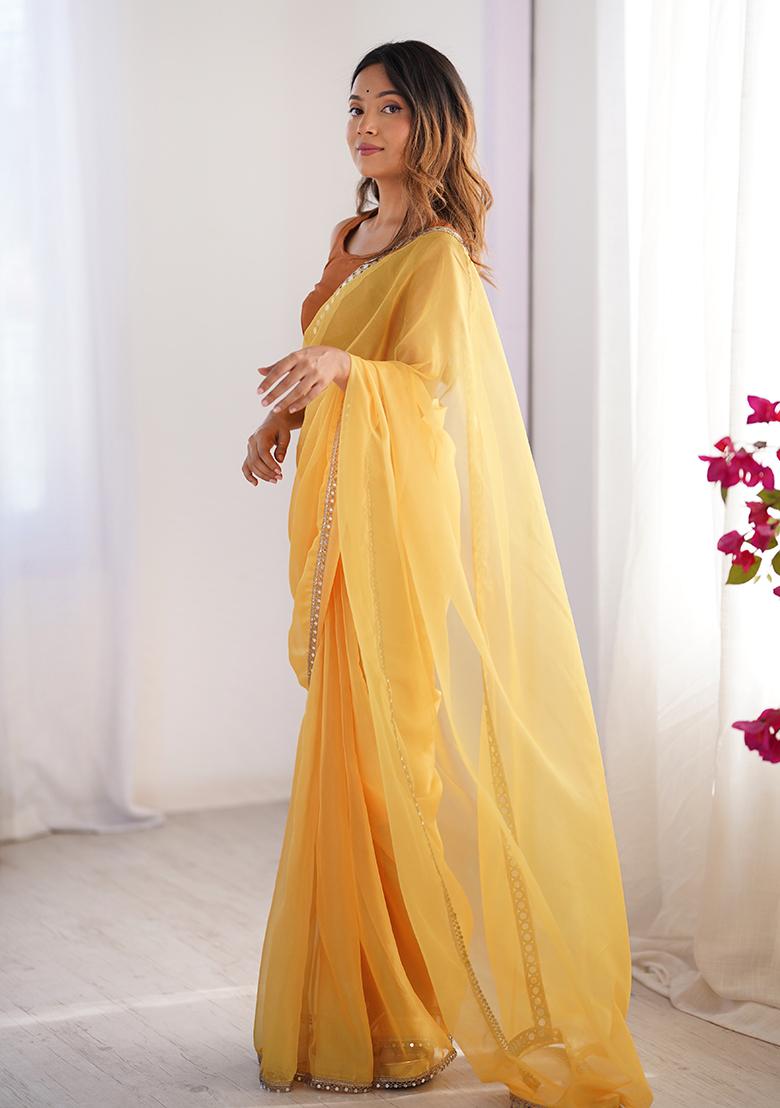 Mustard Yellow Embroidered Organza Saree Set