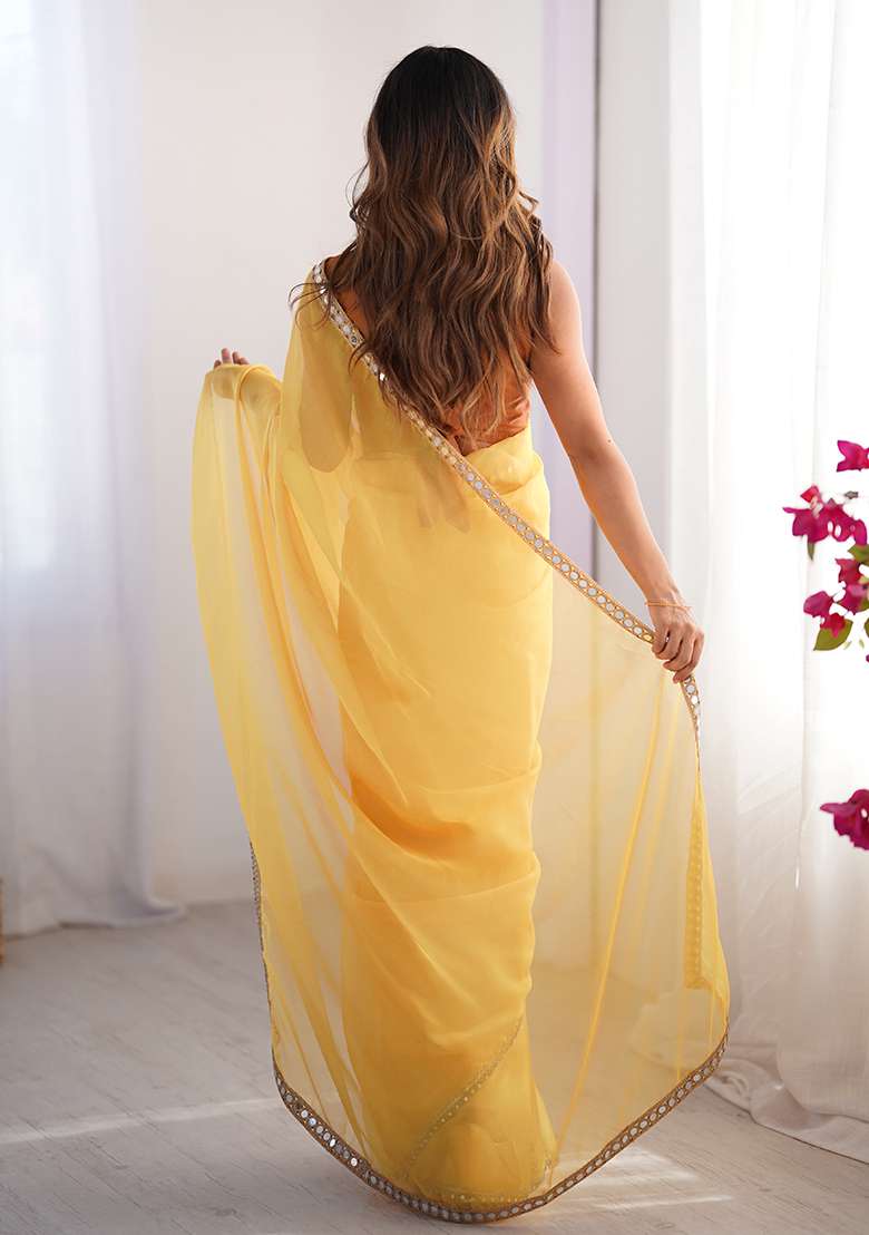 Mustard Yellow Embroidered Organza Saree Set - Indya
