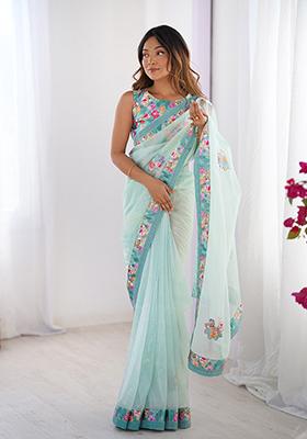 Sea Green Printed Net Saree Set