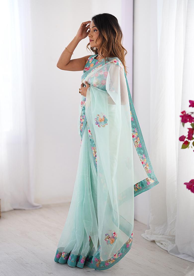 Sea Green Printed Net Saree Set