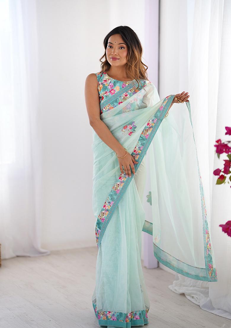 Sea Green Printed Net Saree Set