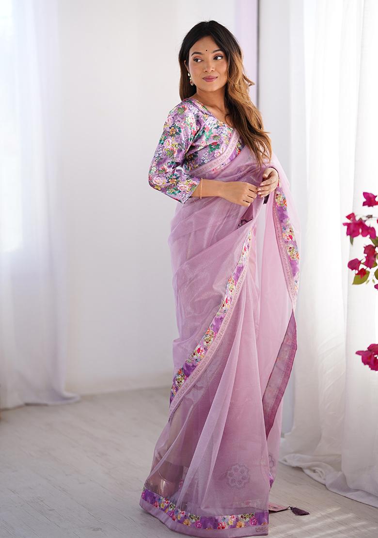Purple Printed Net Saree Set
