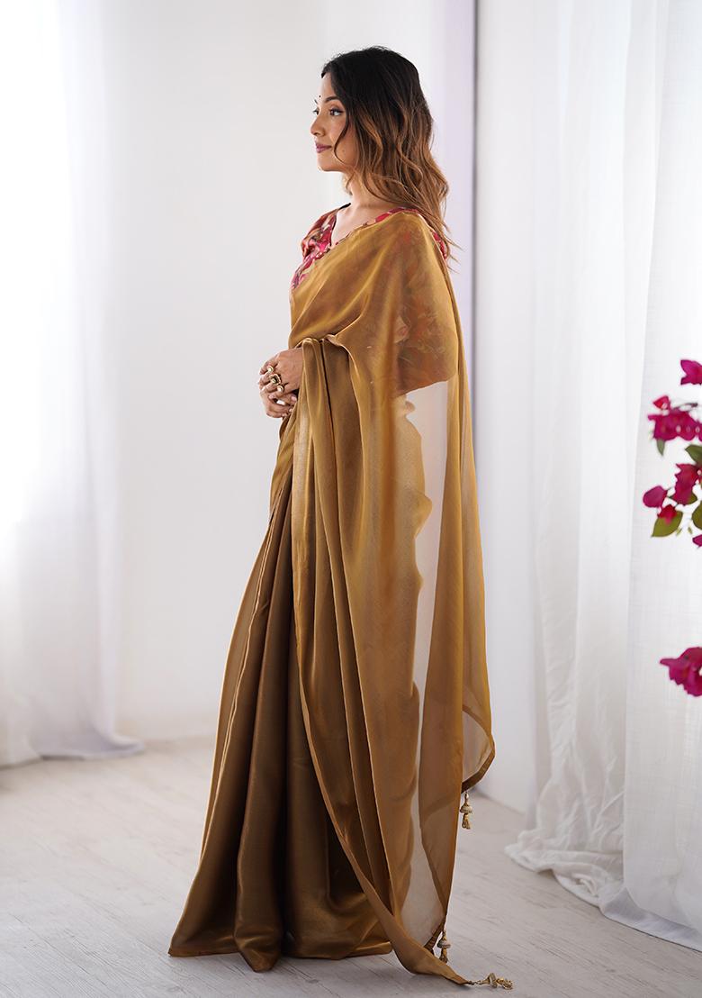 Brown Printed Silk Saree Set