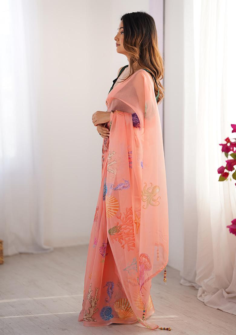 Peach Printed Organza Saree Set