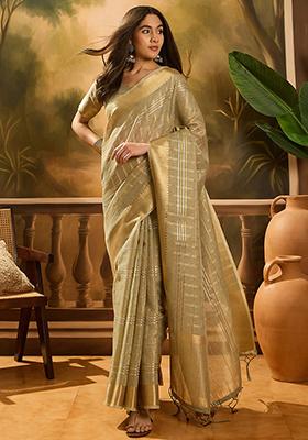 Green Woven Design Organza Saree Set