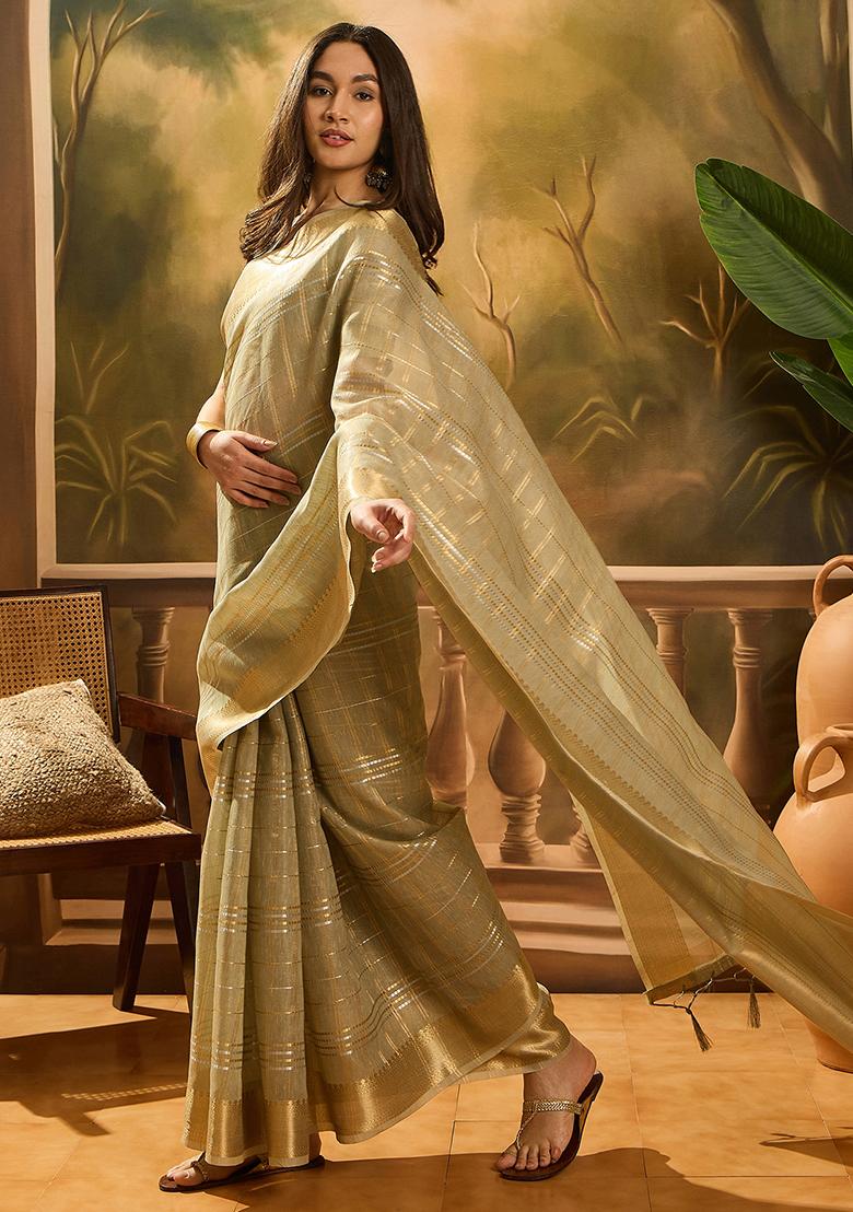 Green Woven Design Organza Saree Set