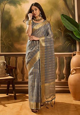 Grey Woven Design Organza Saree Set