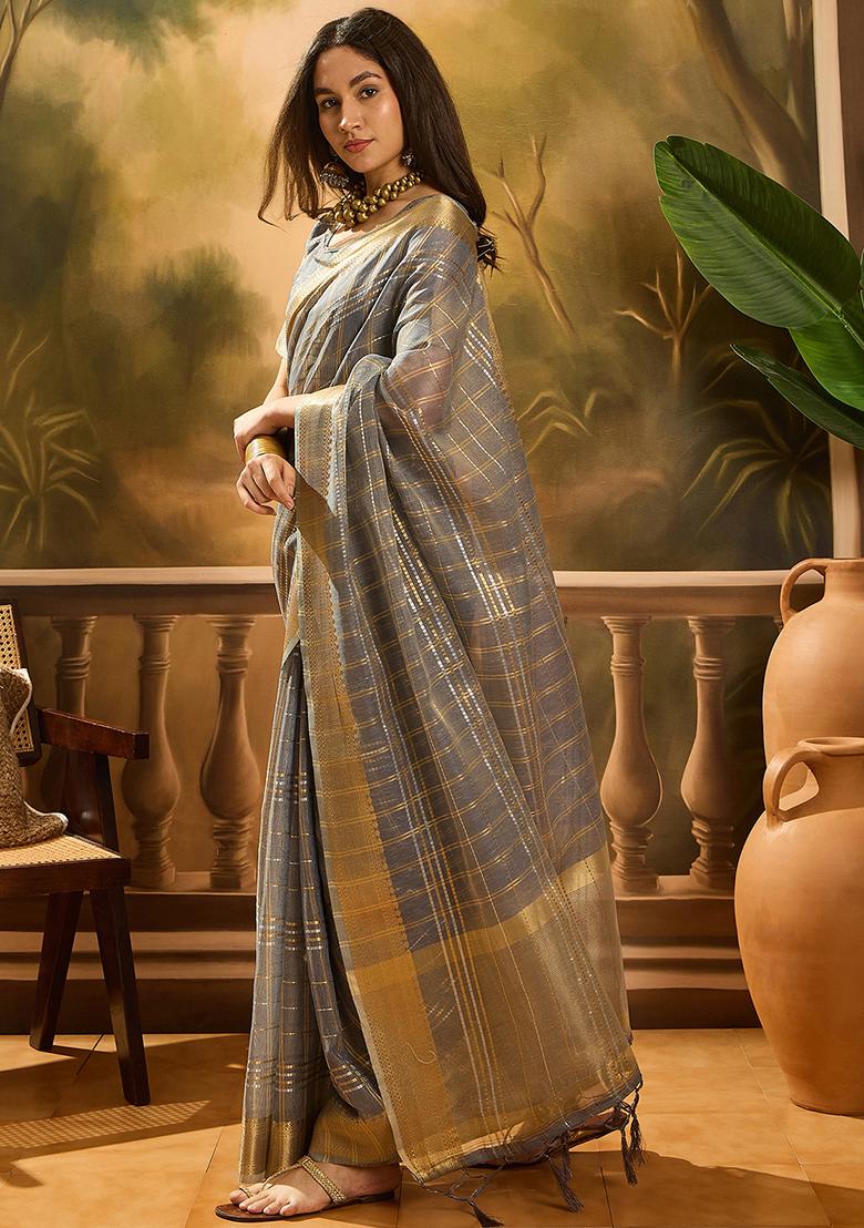 Grey Woven Design Organza Saree Set