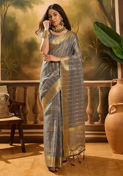 Grey Woven Design Organza Saree Set