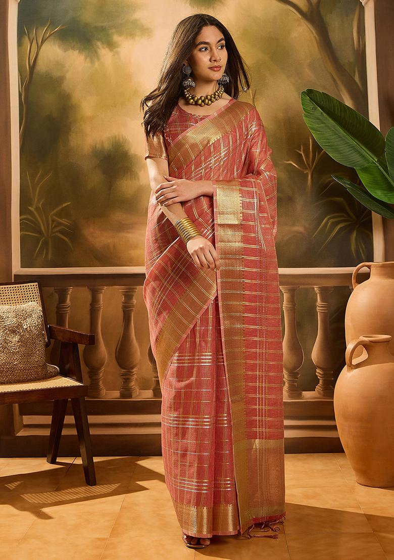 Rust Brown Woven Design Organza Saree Set