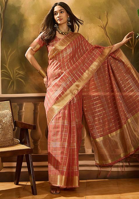 Rust Brown Woven Design Organza Saree Set