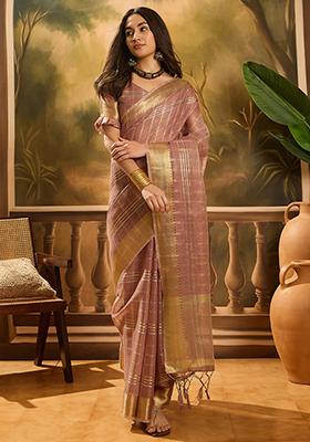 Purple Woven Design Organza Saree Set
