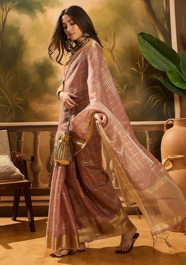 Purple Woven Design Organza Saree Set