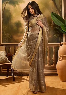 Brown Woven Design Organza Saree Set