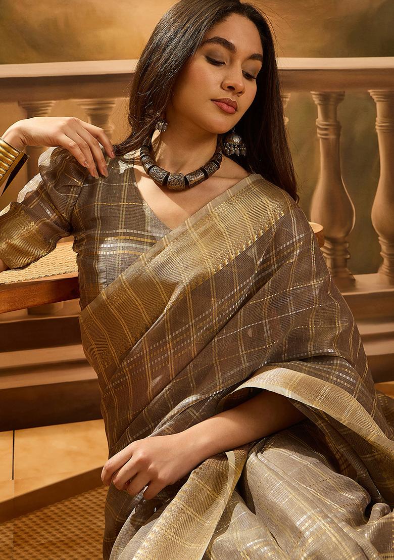 Brown Woven Design Organza Saree Set