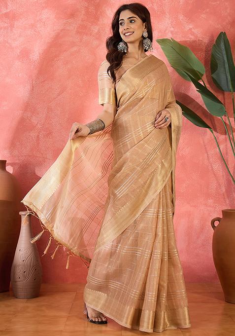 Pink Woven Design Organza Saree Set