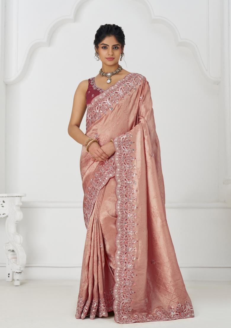 Pink Sequin Embroidered Dola Silk Saree Set