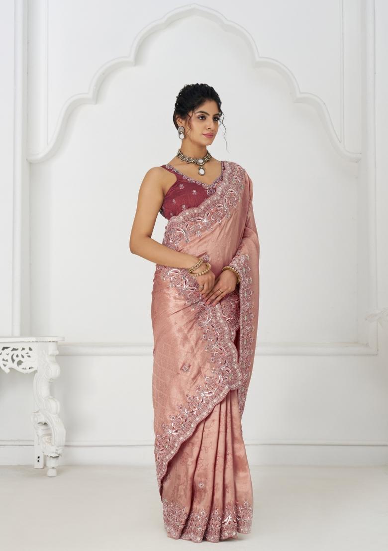 Pink Sequin Embroidered Dola Silk Saree Set