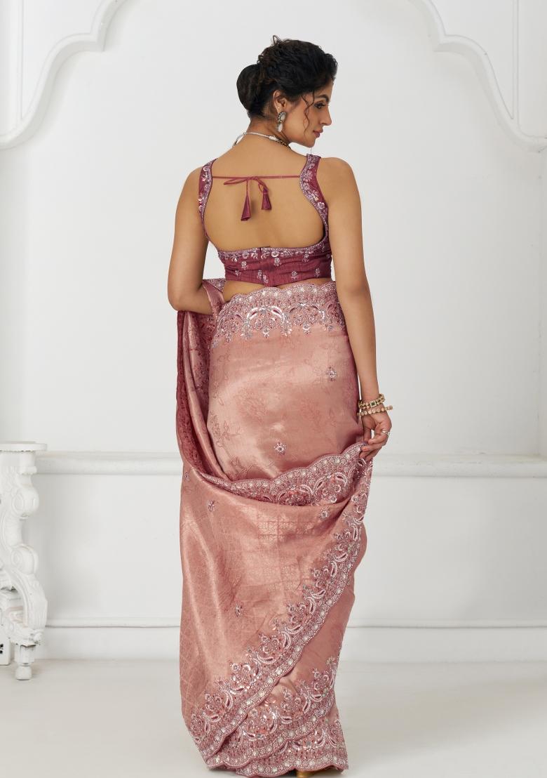 Pink Sequin Embroidered Dola Silk Saree Set