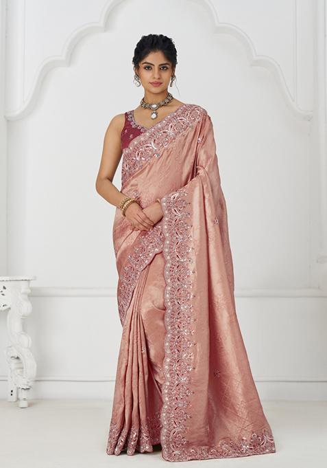 Pink Sequin Embroidered Dola Silk Saree Set