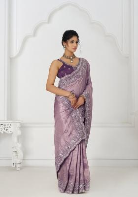 Mauve Sequin Embroidered Dola Silk Saree Set