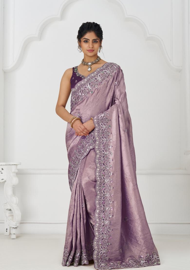 Mauve Sequin Embroidered Dola Silk Saree Set