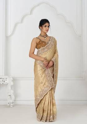 Golden Sequin Embroidered Dola Silk Saree Set