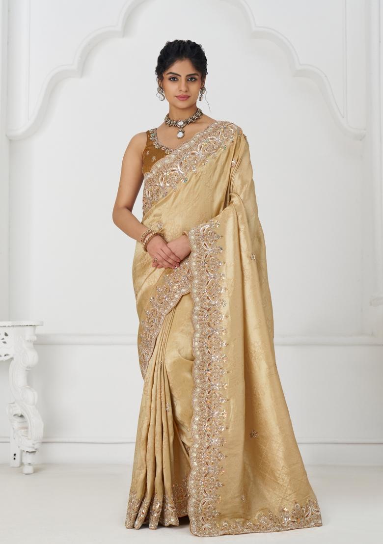 Golden Sequin Embroidered Dola Silk Saree Set