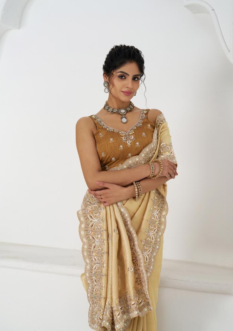 Golden Sequin Embroidered Dola Silk Saree Set