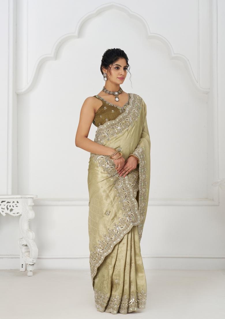 Chiku Brown Aari Work Dola Silk Saree Set