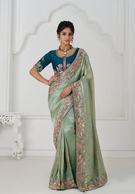 Green Sequin Embroidered Dola Silk Saree Set