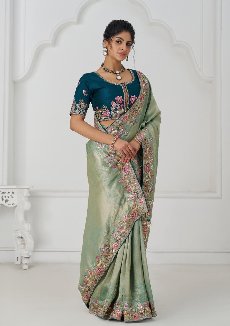Green Sequin Embroidered Dola Silk Saree Set