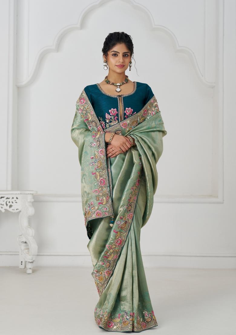 Green Sequin Embroidered Dola Silk Saree Set