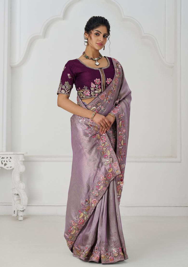 Mauve Sequin Embroidered Dola Silk Saree Set