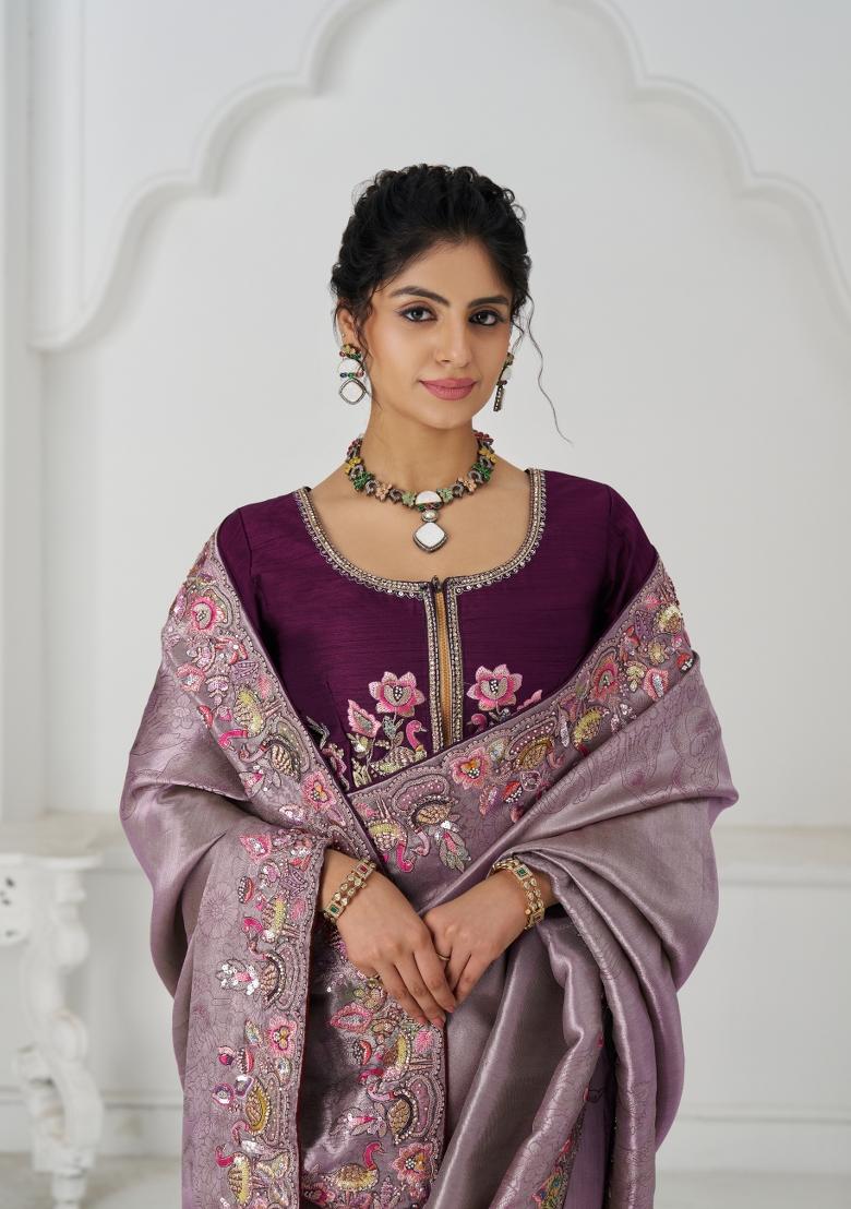 Mauve Sequin Embroidered Dola Silk Saree Set