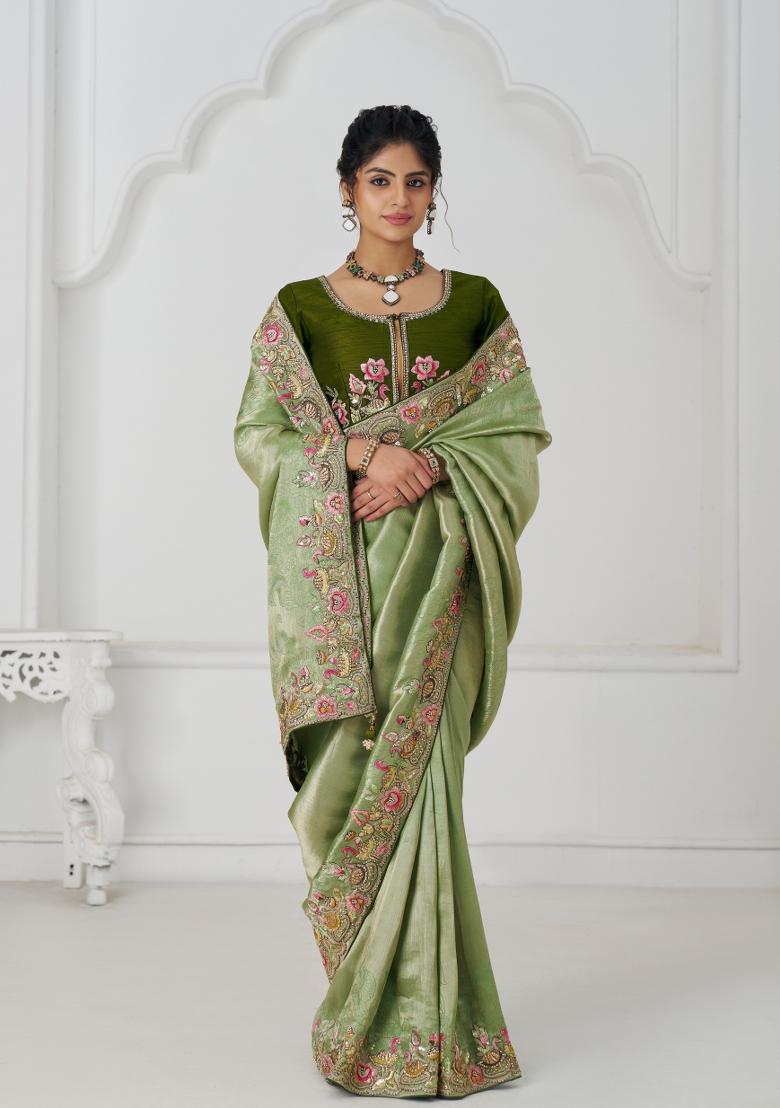 Mehendi Green Sequin Embroidered Dola Silk Saree Set