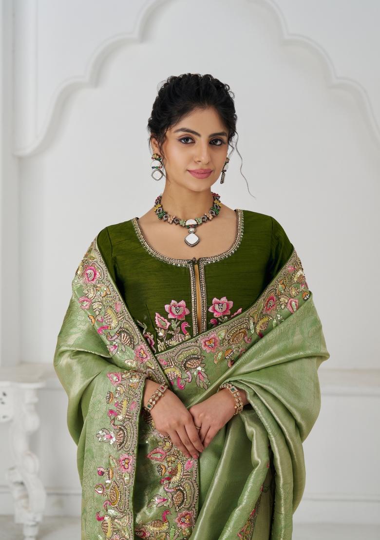 Mehendi Green Sequin Embroidered Dola Silk Saree Set