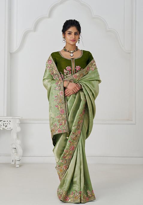 Mehendi Green Sequin Embroidered Dola Silk Saree Set