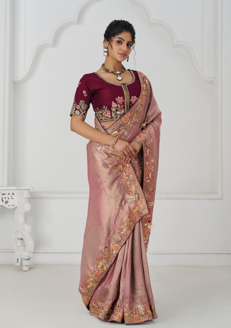 Pink Sequin Embroidered Dola Silk Saree Set