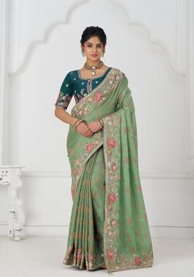 Green Sequin Embroidered Dola Silk Saree Set