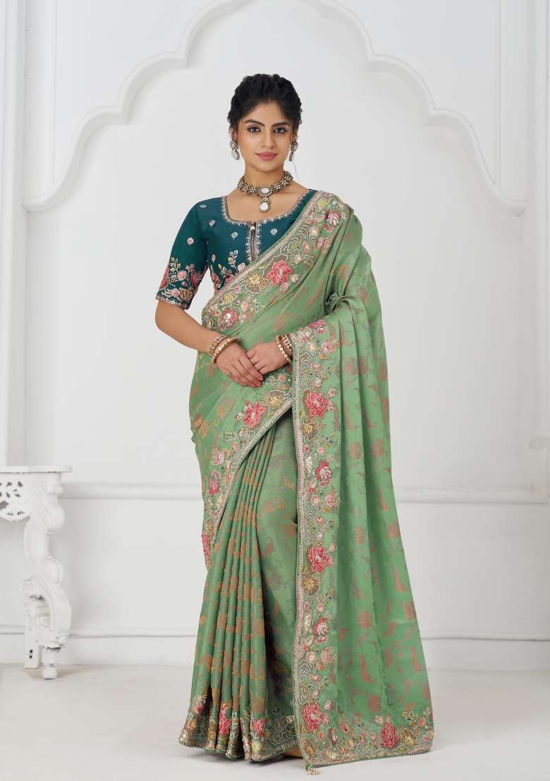 Green Sequin Embroidered Dola Silk Saree Set - Indya