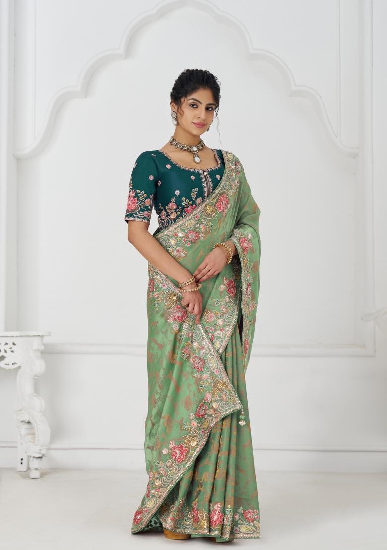Green Sequin Embroidered Dola Silk Saree Set