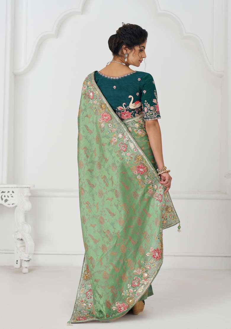 Green Sequin Embroidered Dola Silk Saree Set - Indya