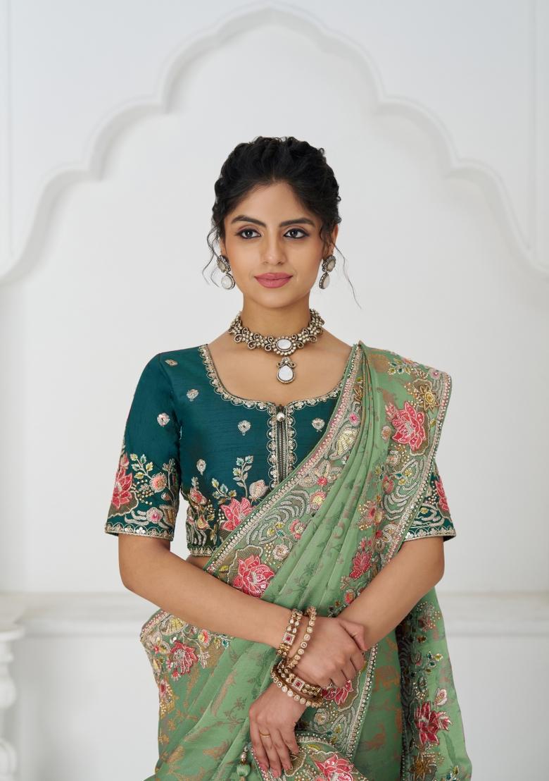 Green Sequin Embroidered Dola Silk Saree Set