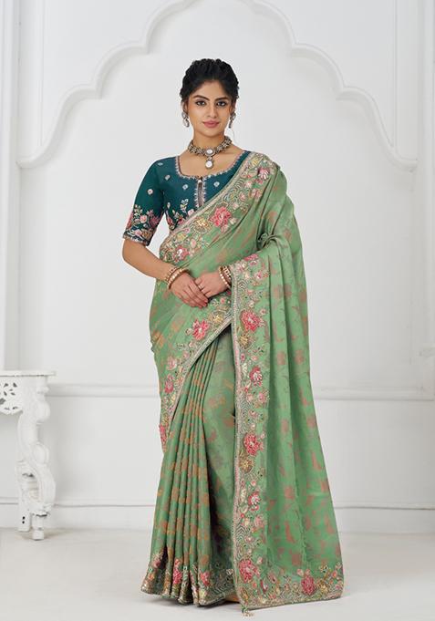 Green Sequin Embroidered Dola Silk Saree Set